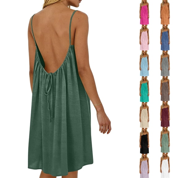 Womens Solid Color Backless Cami Dress Breathable Spaghetti Strap Loose Sundress Army Green XL