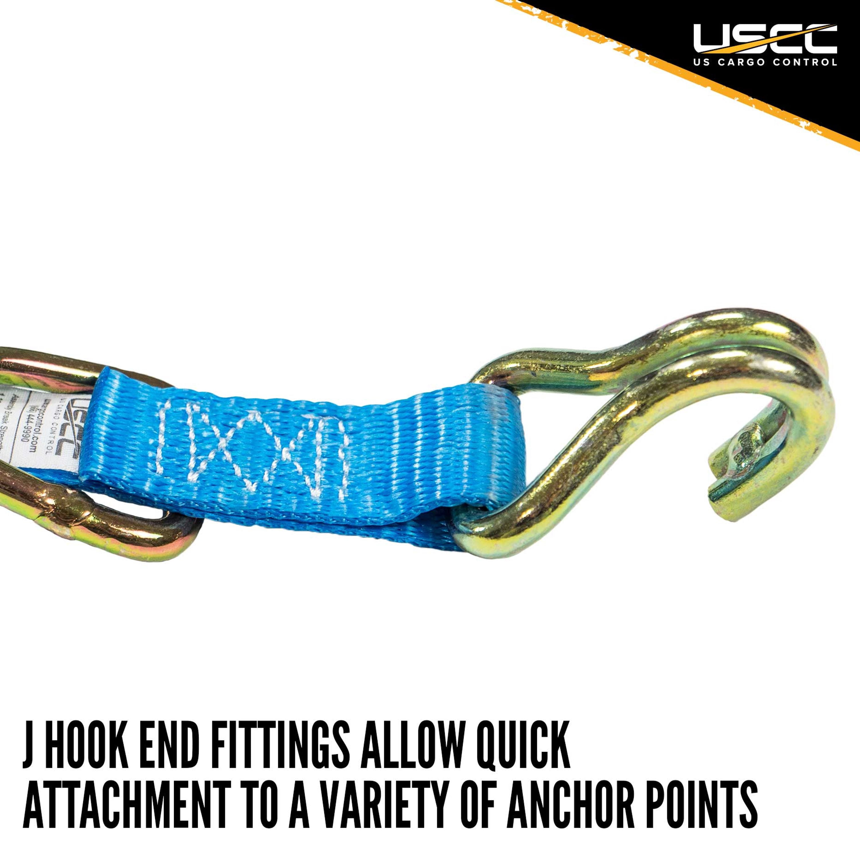 US Cargo Control, Ratchet Strap Tie Downs, J Hook End Fittings With Floating D Ring, 1 Inch Wide X 10 Foot Long, Dependable Cargo Securement, Blue Ratcheting Cargo Tie Down J Hook Straps, 2 Pack