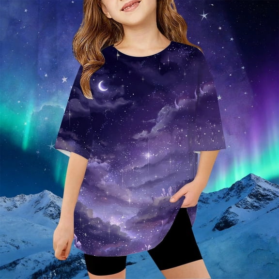 Toddler Girls Summer Cute Tops Galaxy Print Short Sleeve T Shirt Loose Fit Casual Graphic Tee Size 4-5T , Blue