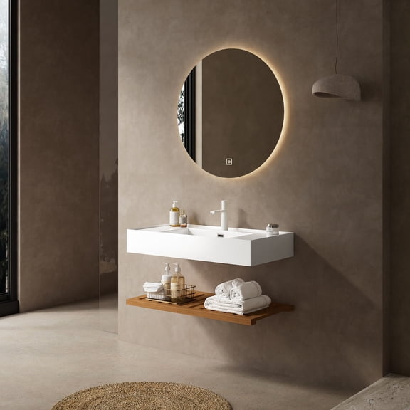 36" Floating Bathroom Vanity with Glossy White Acrylic Basin and Striped Shelves for Modern Bathroom Decoration