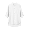 thumbnail image 6 of Mandarin Stand Collar Full Button Up Roll Tab Sleeve Chest Pocket Asymmetric High Low Hem Crinkle Cotton Linen Shirt for Women Spring Summer Casual Office Wear, 6 of 9