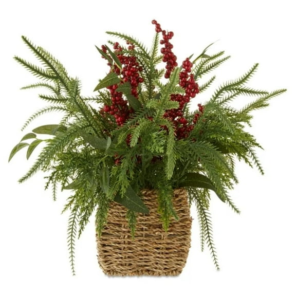 15" Christmas Floral Centerpiece Basket, Holiday Tabletop Decor with Berries, Pinecones, and Faux Greenery, Red & Green Farmhouse Style Decoration for Table, Mantel, or Home, Festive Xmas Gift