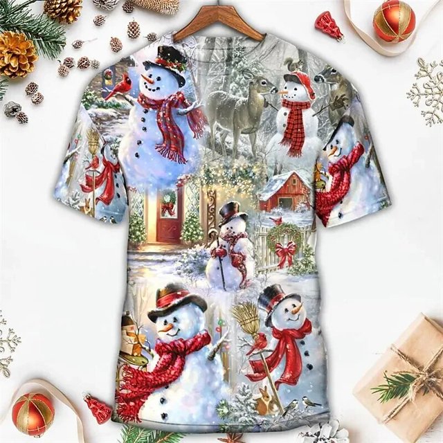 Nuevas camisetas para hombres con estampado de muñeco de nieve de Navidad en 3d, camisetas de manga corta Harajuku, ropa informal de verano para hombres, camiseta holgada de gran tamaño