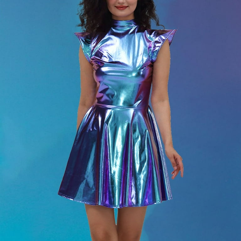 MNCEKFOD Sun Dresses for Women 2025 Vacation Metallic Sequin Dress Hot Gold  Leather Dress Solid Color Pleated Classic Fit Dress Blue M - Walmart.com