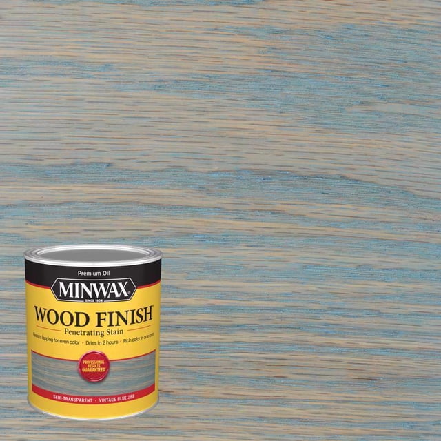 tinte penetrante para madera Minwax Vintage Blue, 1 L (paquete de 4) lata metálica frontal con etiqueta amarilla Minwax Wood Finish sobre tablero; vista centrada y frontal, lata cilíndrica muestra texto de marca y muestra de color, tablero de fondo exhibe vetas semitransparentes azul-beige que ilustran cobertura y penetración; indicado para aplicación con brocha en interiores y a menudo usado en proyectos de restauración de muebles.