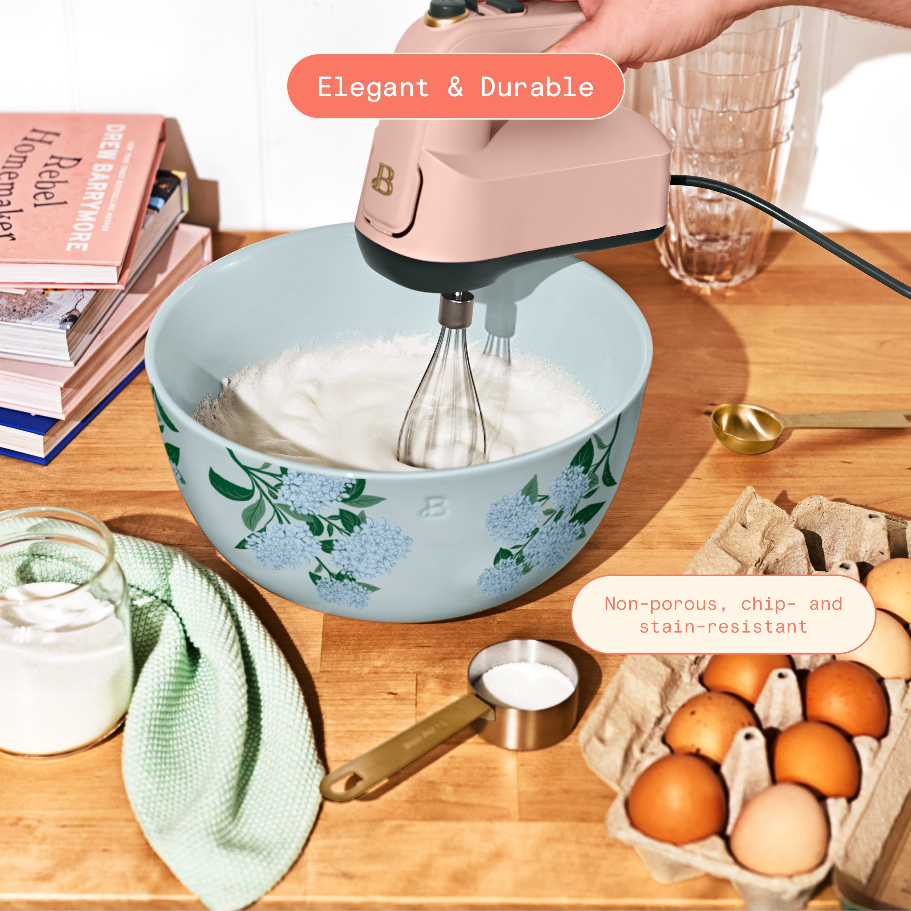 Beautiful 4 Qt Stoneware Batter Mixing Bowl, Hydrangea Floral by Drew Barrymore