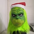 thumbnail image 1 of Disfraz de monstruo de pelo verde para Navidad, máscara con gorro rojo de Papá Noel, accesorios para fiesta de Halloween, máscara de cabeza completa de látex verde para adultos, 1 of 5