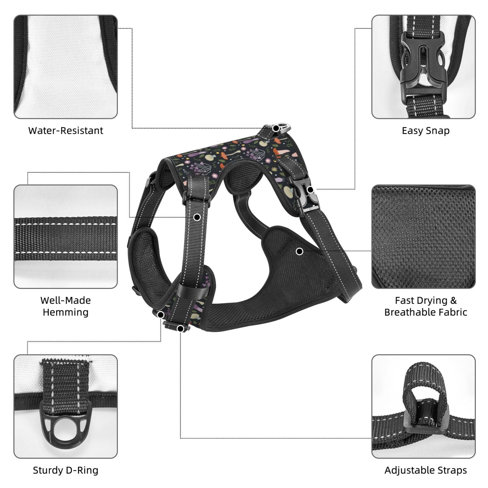Naloa Mushroom Pet Harness Vest with Traction Rope, Adjustable No-Choke Dog Vest for Outdoor, Walking - Small