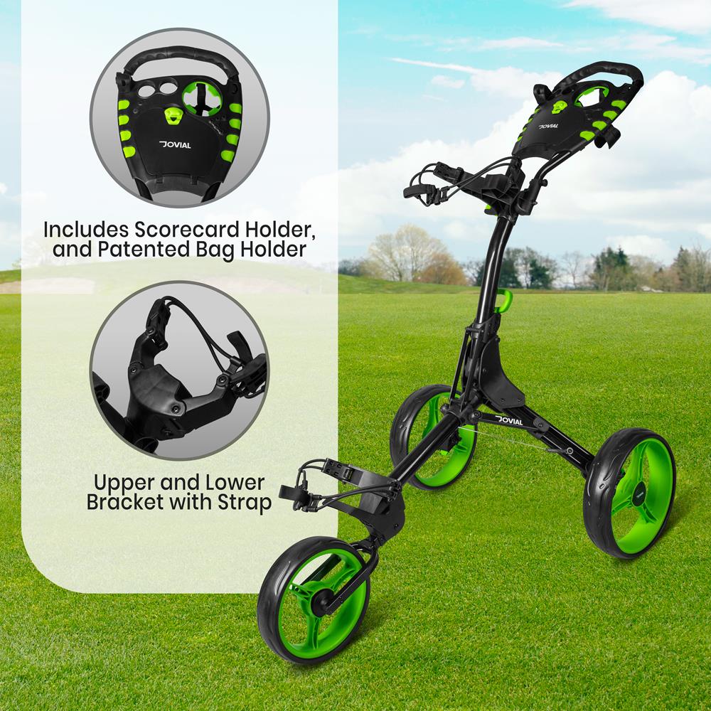 Jovial Foldable 3-Wheel Golf Push Cart - New Deluxe Scorecard Holder