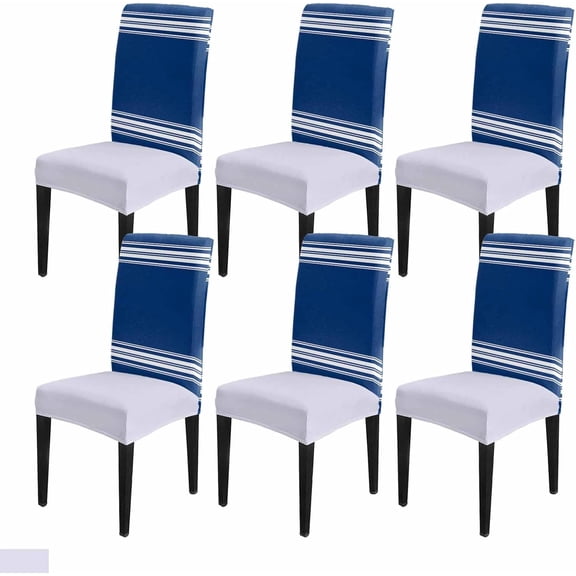 Navy Blue White Stripes Dining Chair Cover Set of 6,Contemporary Minimalist Geometric Art Stretch Chair Protectors Slipcover,Spandex Kitchen Chair Seat Back Cushion Slip Cover for Dining Room,Party