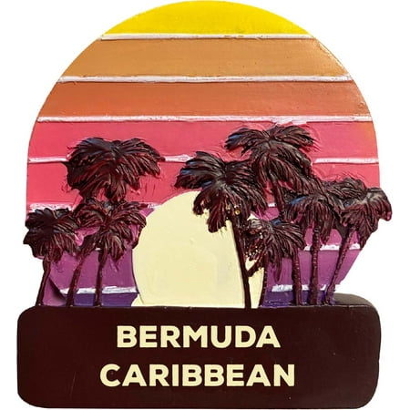 

Bermuda Caribbean Trendy Souvenir Hand Painted Resin Refrigerator Magnet Sunset and palm trees Design 3-Inch Approximately