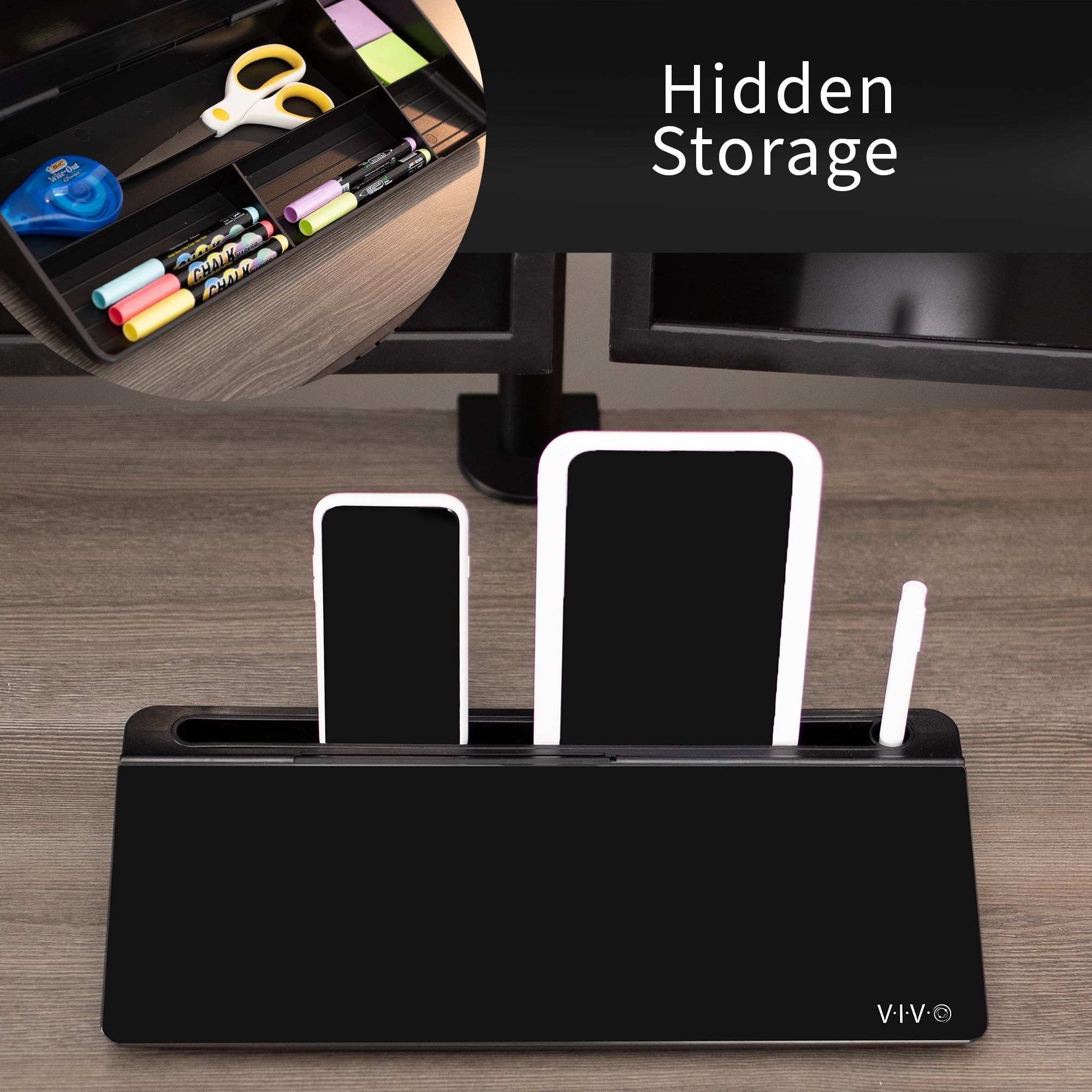 VIVO Black Desktop Dry Erase Board w/ Hidden Storage, 16" x 7" Glass Whiteboard