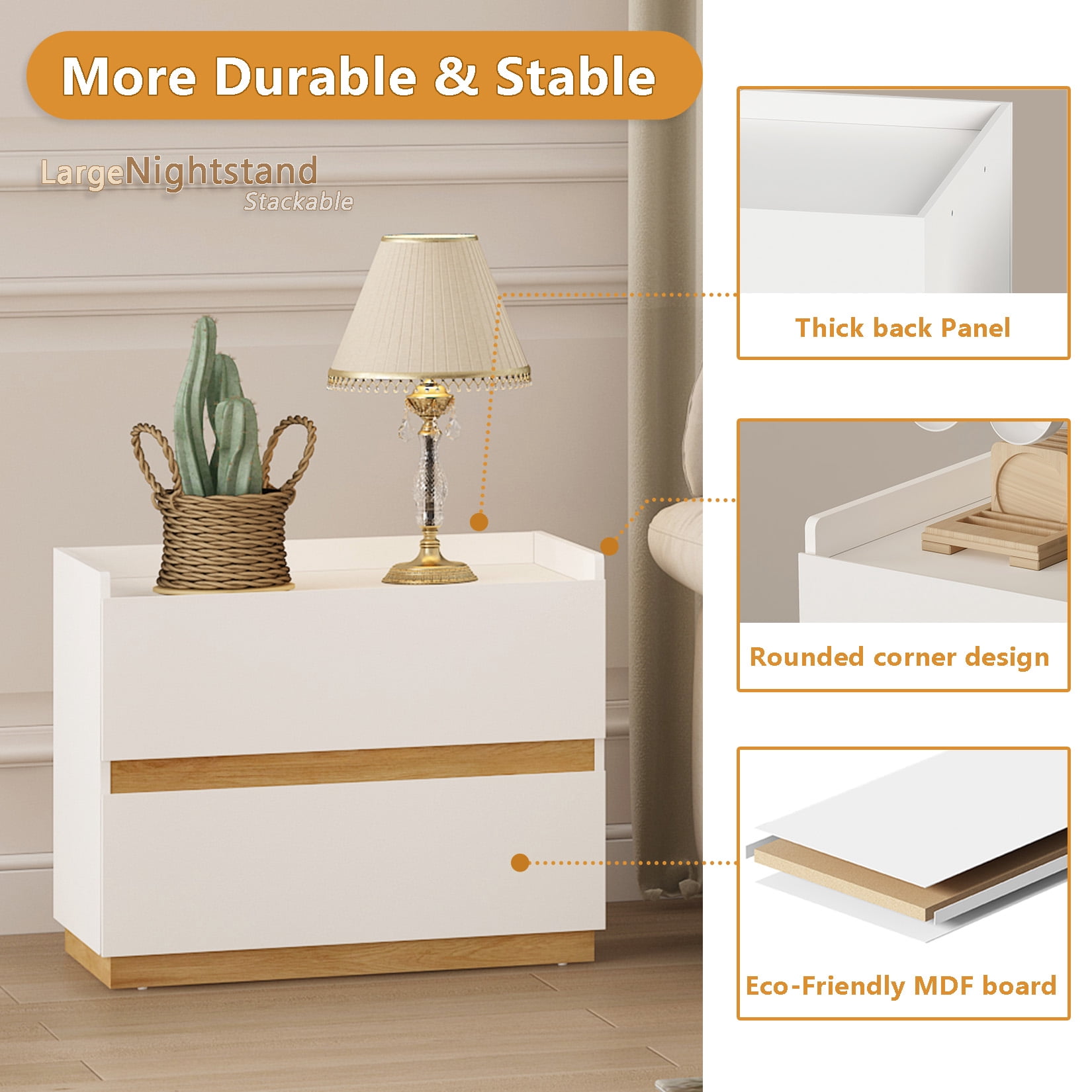H&3L White Nightstand ，Modern large Bedside Table， Wood Stackable  2 Drawer dresser for Clothes for Closet，Bedroom,Living Room，16"D x 24"W x 20"H