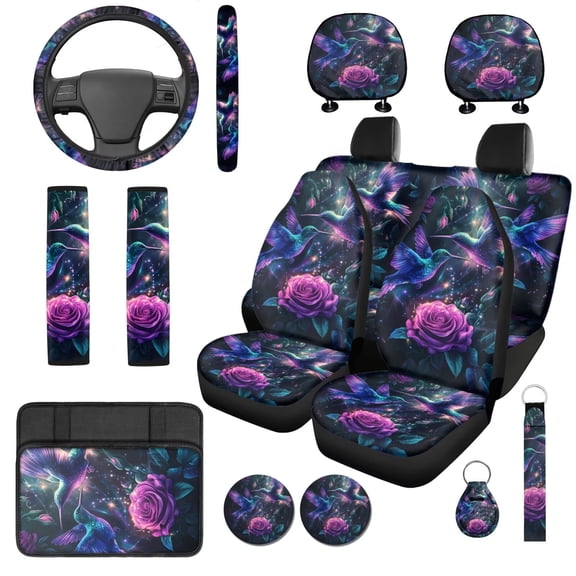 Uorisanigo Hummingbird Flowers 14 Pieces Automobile Seat Cover Sets and Steering Wheel Cover Comfortable Car Headrest Cover Center Console Cover Cars Seat Belt Pad Cover Fit for Car,Suv