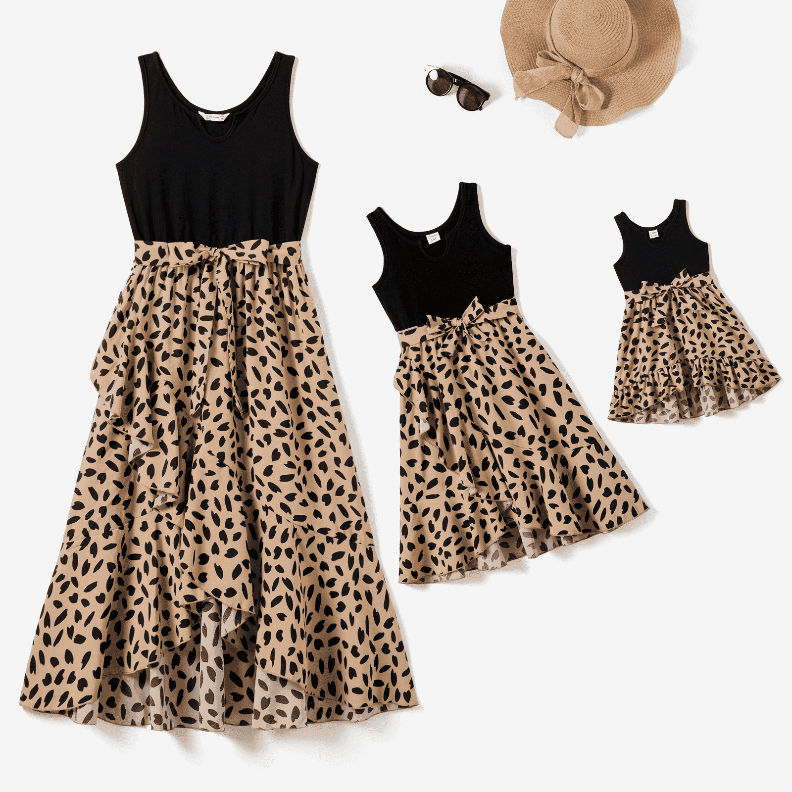 PatPat Mommy and Me Baby Dress Black Tank Top Splicing Leopard Print Frill Wrap Dresses 3-18M
