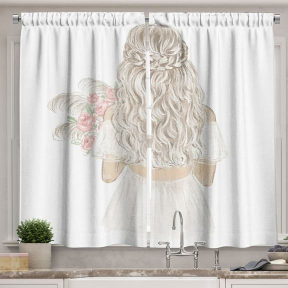 Ambesonne Vintage Kitchen Curtains, Simple Design Bride Flowers, 55"x24", Warm Taupe Pale Salmon