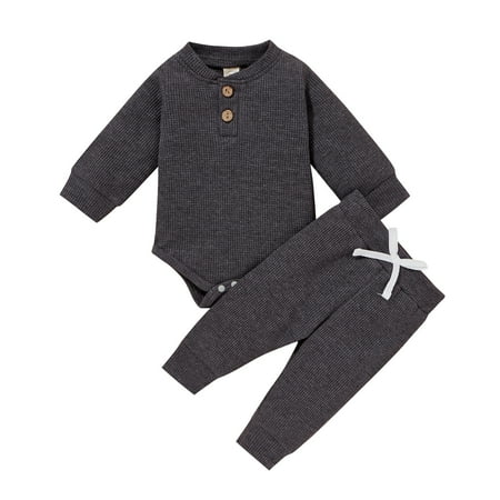 

2Pcs Toddler Autumn Outfits Solid Color Henley Neck Long Sleeve Romper + Casual Pants for Baby Girls Boys 0-24 Months