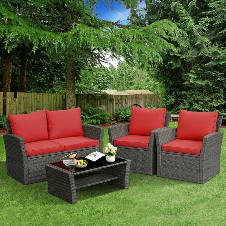 Patiojoy 4 Piece Rattan Wicker Patio Outdoor Furniture Sofa Set