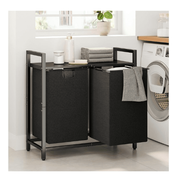 Kitstorack Laundry Basket Organizer, Laundry Hamper with Shelf & 2 Pull-Out Removable Bags, Dirty Clothes Hamper Organizer for Laundry Room Bathroom and Dorm, 2 x 11.8 gallons (44.5L)
