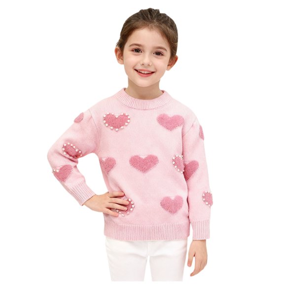 hengsof Children's Pearl Heart Print Sweater, Fluffy Pink Soft Knit Pullover, Cute Sweet Casual Top