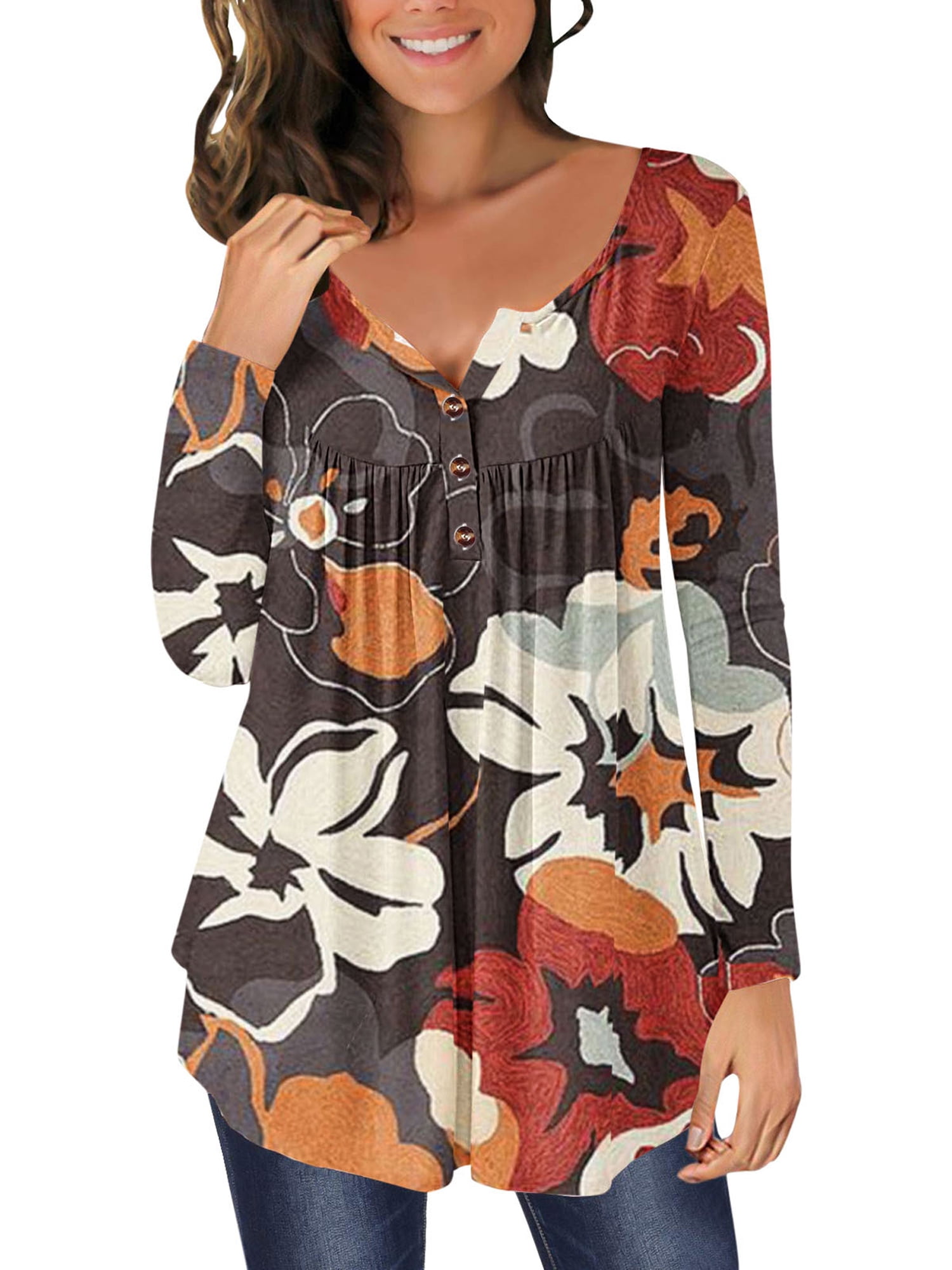 Anbech Hide Belly Blouses for Women Buckle Tunic Shirt Graphic Long