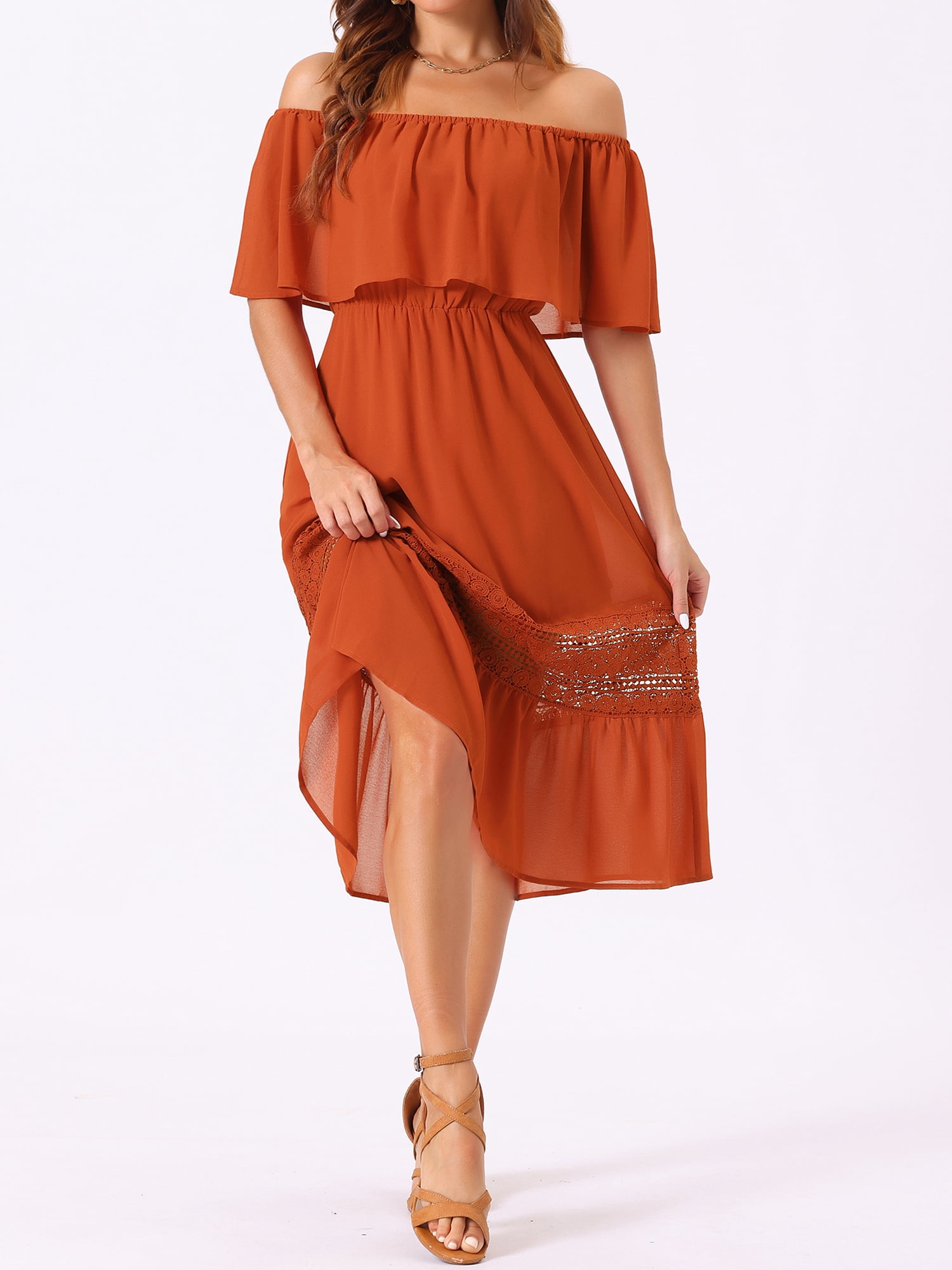 DARING DIVA Women's Off Shoulder Flutter Sleeve Maxi Dress XS Burnt Orange