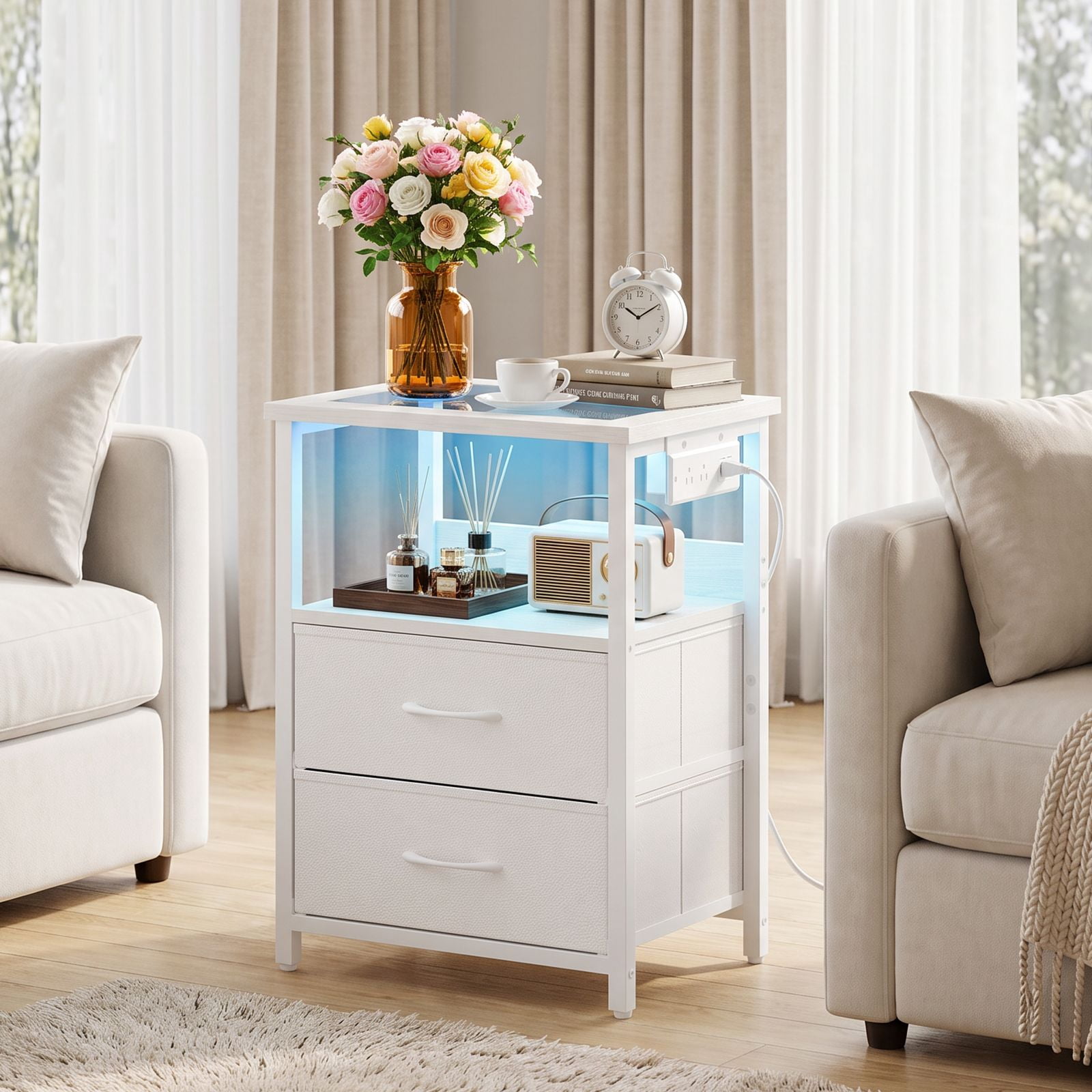 Nightstand with Charging Station, Glass Top End Table with RGB LED Light, 2 Fabric Drawers and Open Shelf for Bedroom