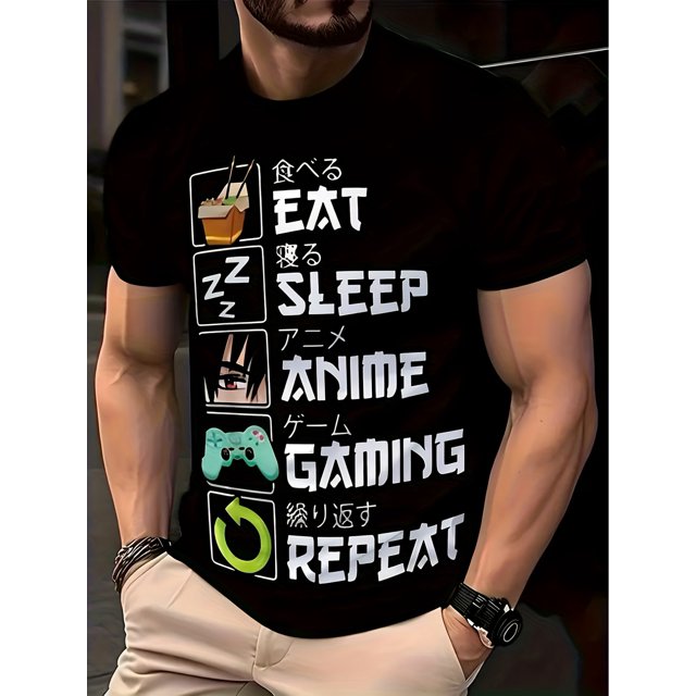 T-Shirt d'Été Décontracté pour Hommes avec Impression Numérique 3DS Inspirée de Mangas Unique - "Manger, Dormir, Anime, Gaming, Répéter" Graphique, Col Rond, Manches Courtes, Lavable en Machine, Respirant T-Shirt/vêtement Décontracté