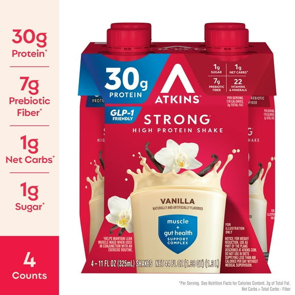 Atkins Strong, High Protein Shake, Vanilla, 30g of Protein, High Fiber, 4 Count
