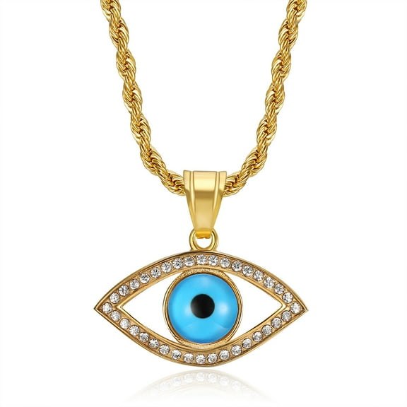 Hip Hop Iced Out Bling Blue Evil Eyes Pendant 14K Yellow Gold CZ Eye Necklace for Women Men Turkish Jewelry Gift