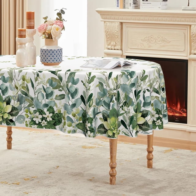 Spring Summer Tablecloth 60x84 Inch Oval, Eucalyptus Floral Table Cover for Party Picnic Dinner Decor