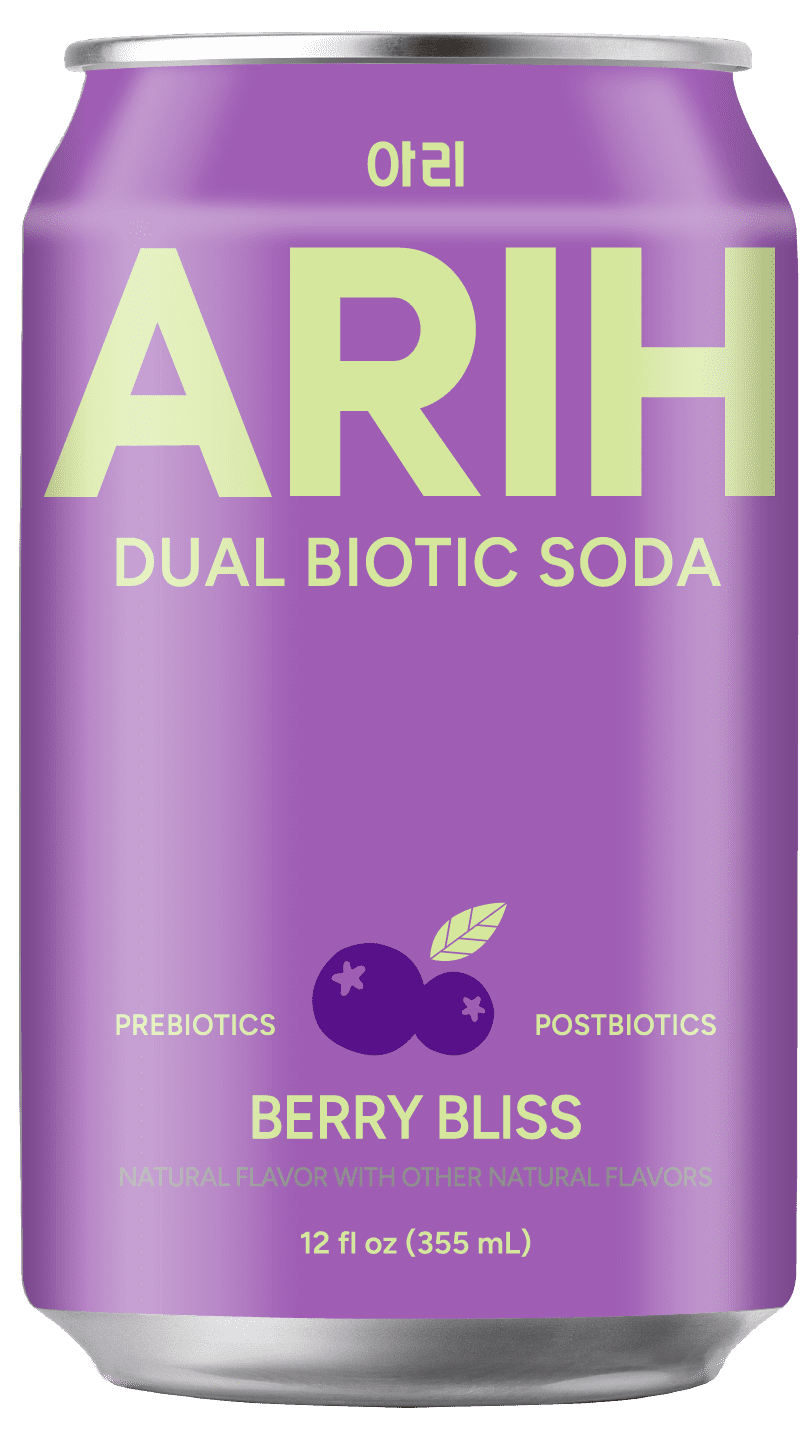 ARIH Dual Biotic Soda, Functional Prebiotic and Postbiotic Soda, Low Sugar, Berry Bliss, 12 fl oz, 4 Pack