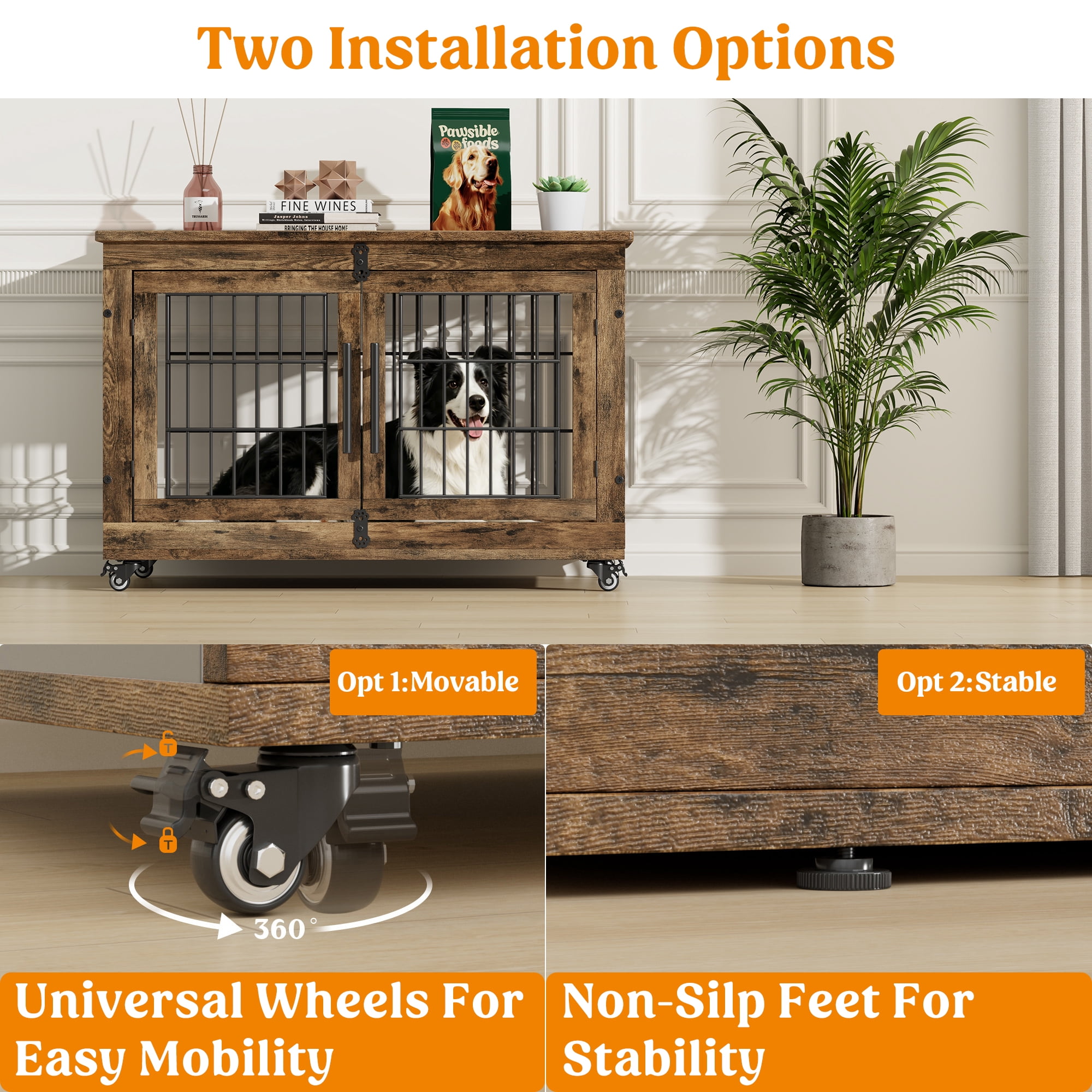 GIKPAL 38 Inch Dog Crate With Padded Wooden, Dog Kennels for Inside With 2 Door Wheeled for Heavy Medium to Large Dogs