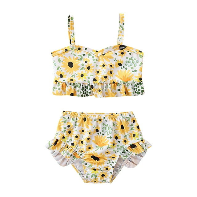 Aayomet Girls's Swimsuit Two Piece Sunflower Print for 2 To 6 Years Swimming Pool Hot Spring Bathing Suit (Yellow, 1-2Years)