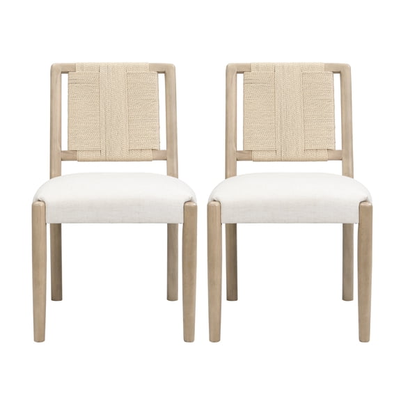 Set of 2 Upholstered Dining Chairs with Woven Rope Backrest, Light ash Beige