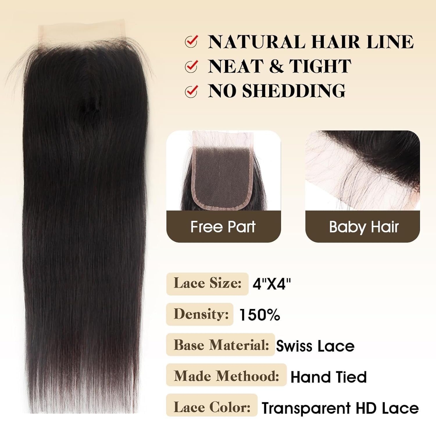 Human Hair 3*Bundles with 4x4 HD Lace Closure Straight34 36 38+24 Inch Brazilian Hair 16A Extensions with Pre Plucked Baby Hair Natural Black Color