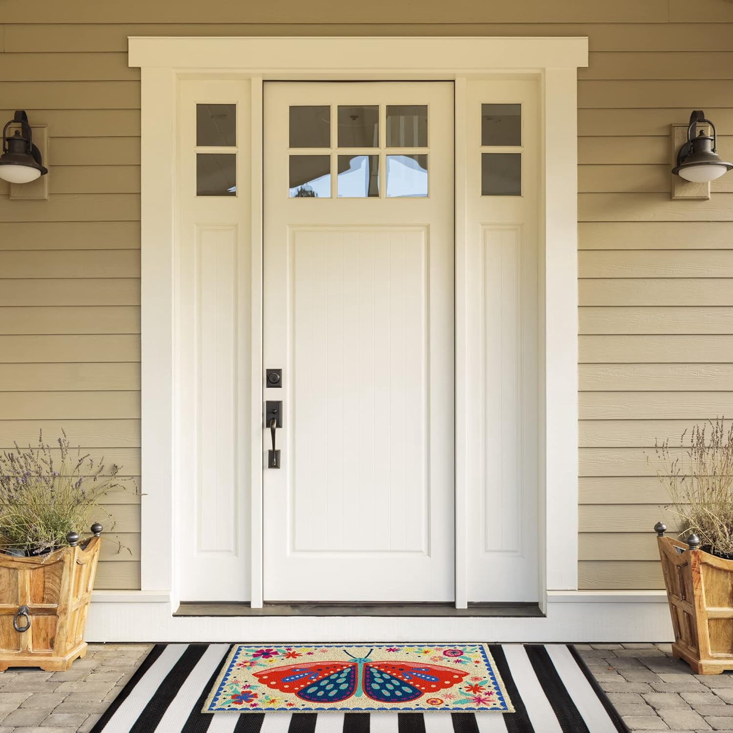 Natural Coir Doormat Outdoor Welcome Mat, 17x29, Folk Butterfly
