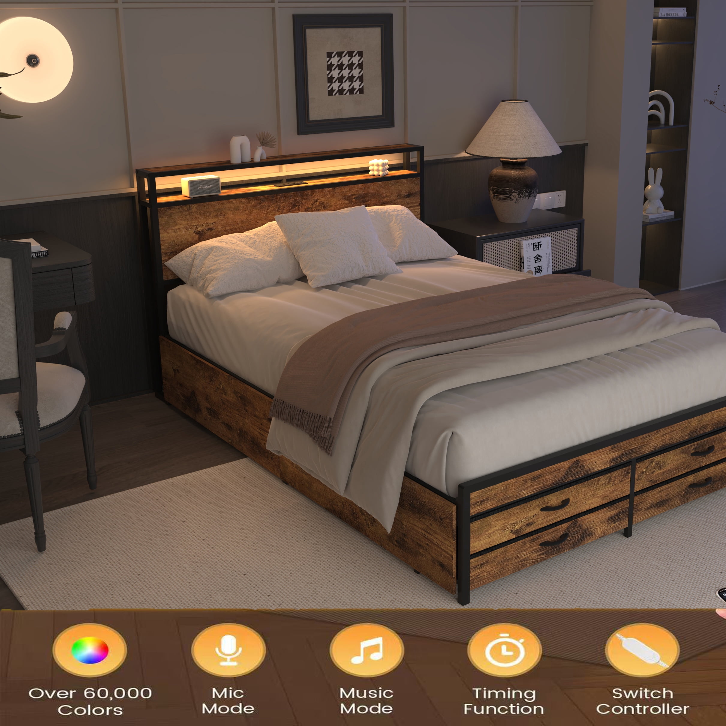 Miniyam Full Size Bed with Storage Drawers, Charging Station for Adult, Brown