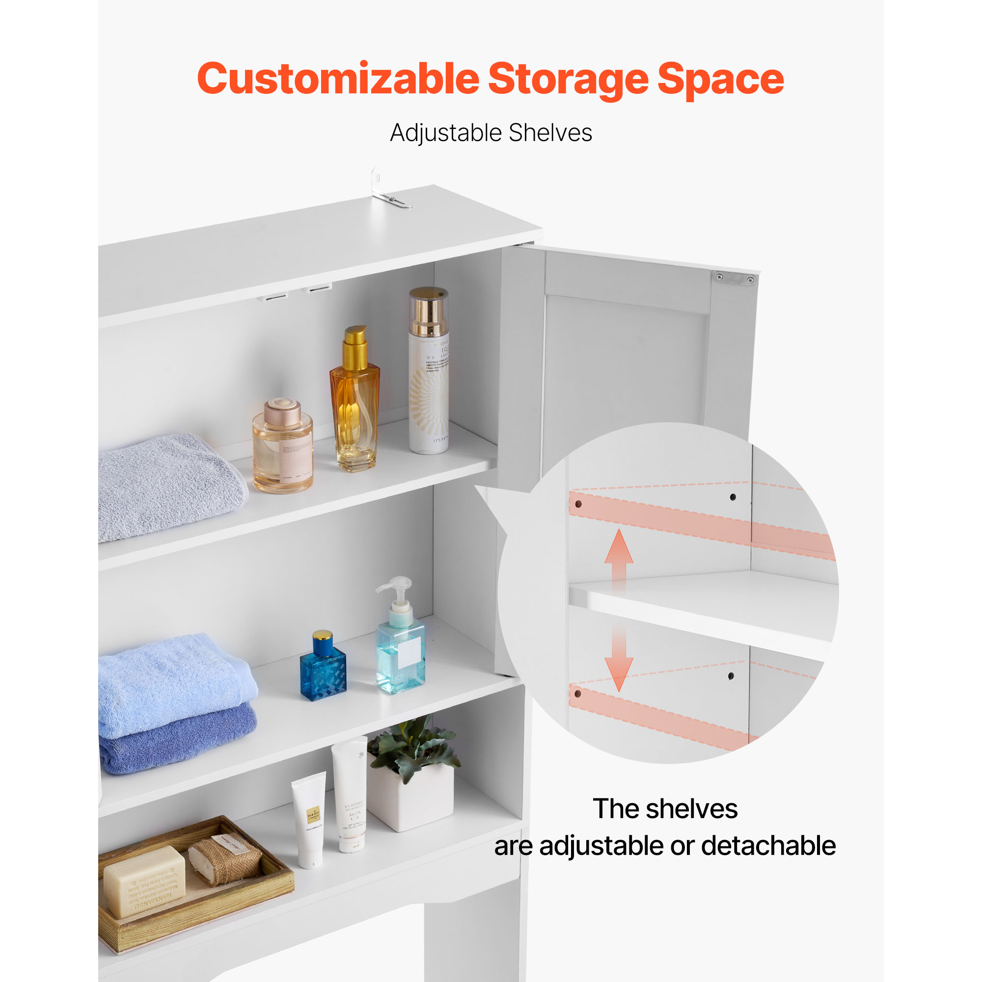KFFKFF Over-The-Toilet Storage Cabinet, 65-Inch Tall Bathroom Organizer with Adjustable Shelf and Double Doors, Space-Saving Bathroom Storage Unit with Open Shelf, White