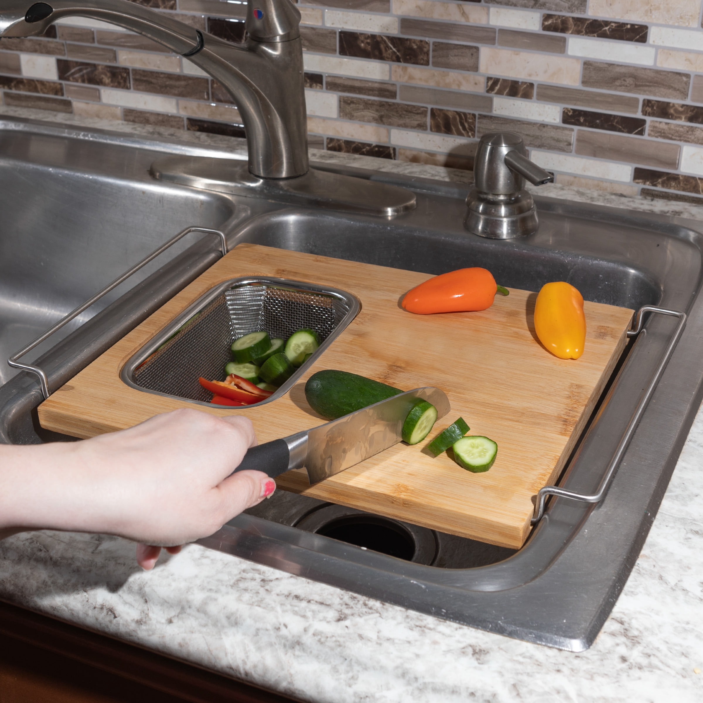 Classic Cuisine 2 in 1 Bamboo Cutting Board with Strainer for Over the Sink