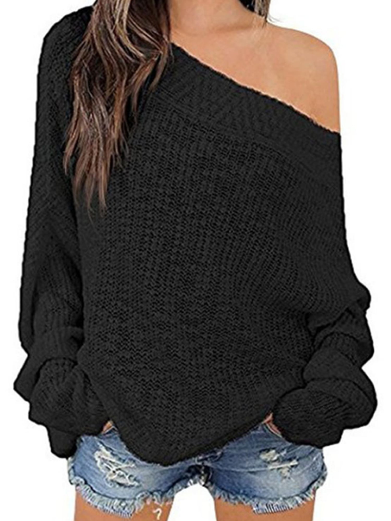 OmicGot Women's Off The Shoulder Long Sleeve Pullover Knit Jumper Baggy Solid Sweater