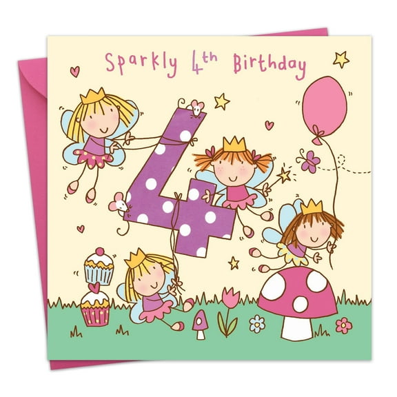 Twizler 4th Birthday Card for Girls - Fairy Princess - Children's Age 4 Happy Birthday Greeting Card for Daughter Granddaughter Niece Kids