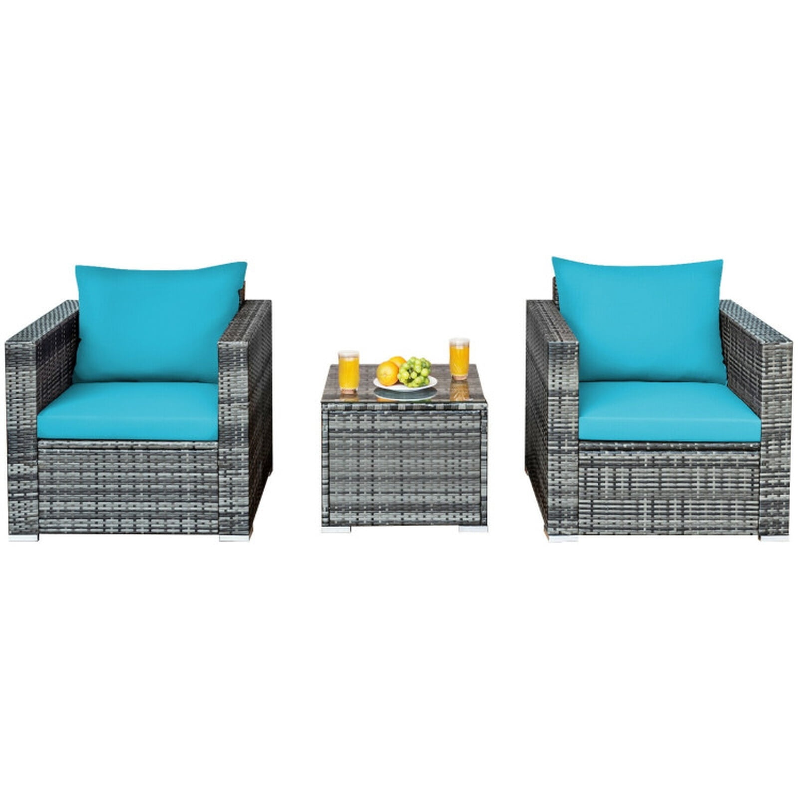 Furnibear 3 Pieces Patio Rattan Furniture Bistro Sofa Set Outdoor Conversation Set with Cushioned Chairs and Glass Table, Mix Gray
