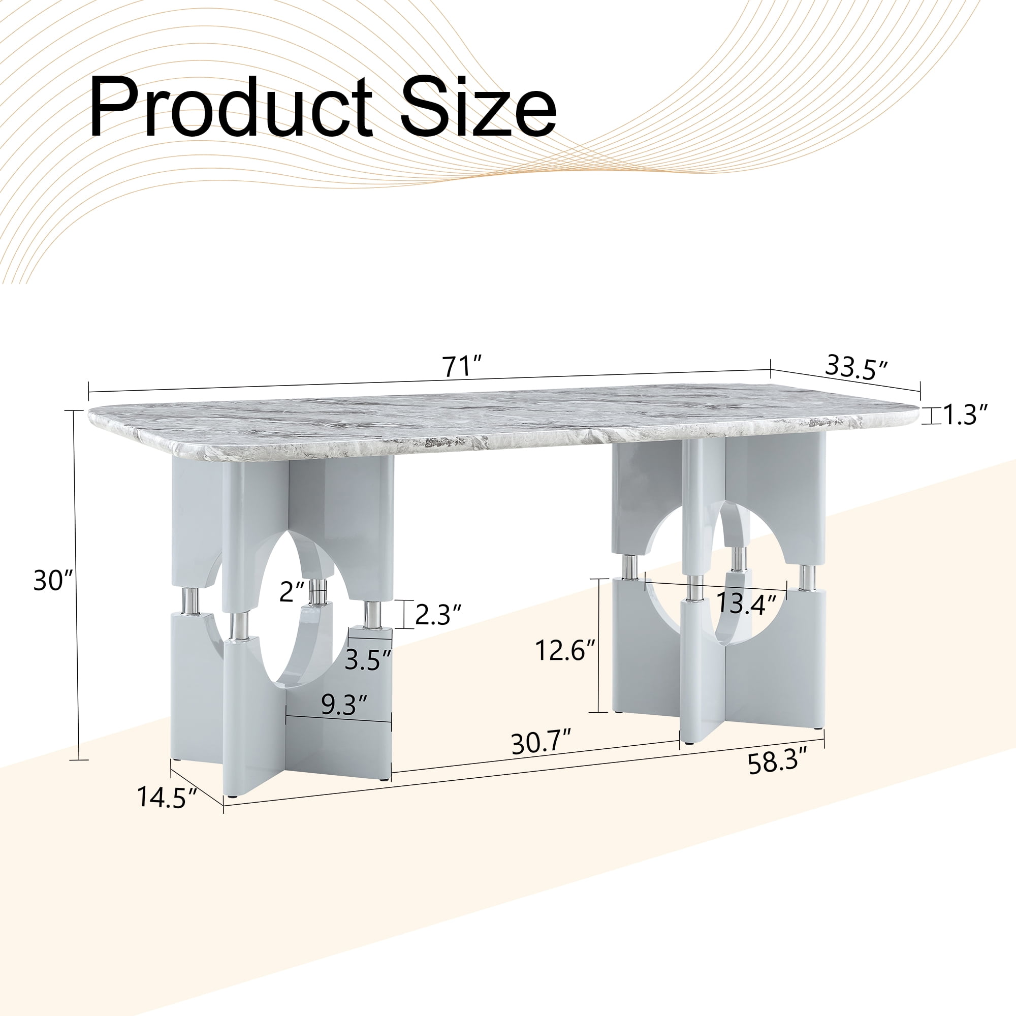 Alvantor 71" Gray Marble Pattern MDF Dining Table with Metal Accents