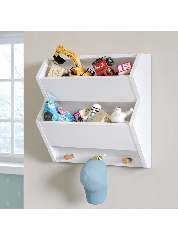 RiverRidge Catch-All Transitional Wood Kids Wall Shelf with Hooks in White