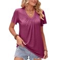 thumbnail image 1 of Top de verano para mujer, camiseta informal holgada de manga corta con volantes y busto fruncido con cuello en V para mujer, color morado y rojo L, 1 of 7