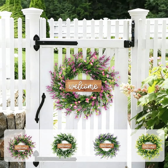 Lavender Welcome Wreath - Fragrant Artificial Floral Garland for Indoor Outdoor Home Decor, Front Door & Porch Hanging Accent, Durable Faux Lavender Wreath for Spring Ambiance, 20in, Yellow