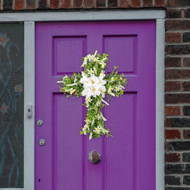 Guirnalda liliácea de Pascua, guirnalda de simulación de flores, señal de bienvenida, corona de primavera para puerta de oficina, versátil y Macarena Corona de lirios cruzados