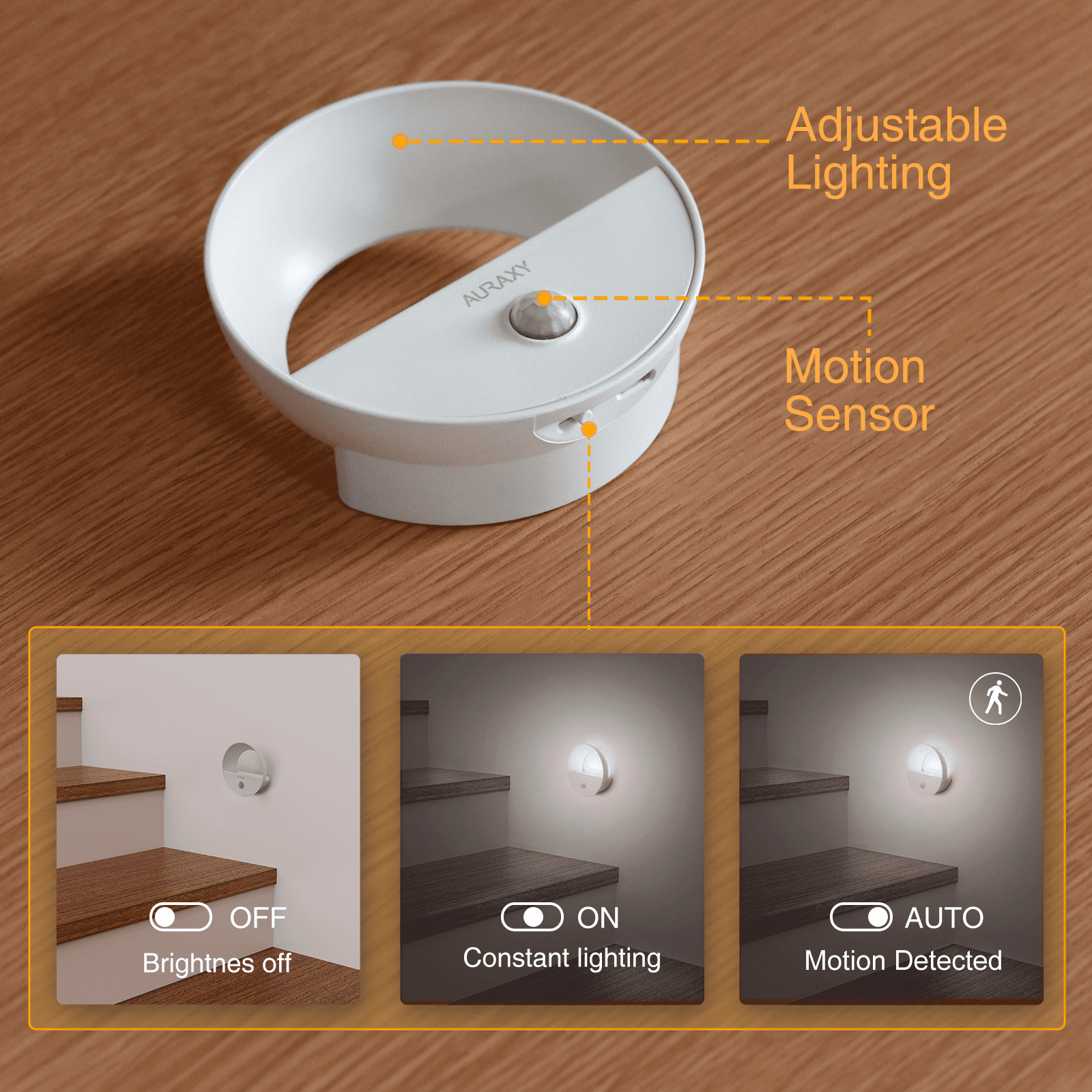 AURAXY Rechargeable Motion Sensor Night Light, White LED Auto Battery Power Motion Night Light with Dusk to Dawn Sensor, Magnetic Stick-on Wall Stairs Closet Hallway Bedroom Cabinet (3 Pack)
