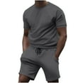 thumbnail image 2 of HVOBTTY Mens Casual Pajama Set, Summer Pajama Set for Men, Men's Soft Comfortable Solid Color Crew Neck Short Sleeve Top and Shorts Elastic Waist Sleepwear Warm 2 Piece Pajama Set Dark Gray, XL, 2 of 4